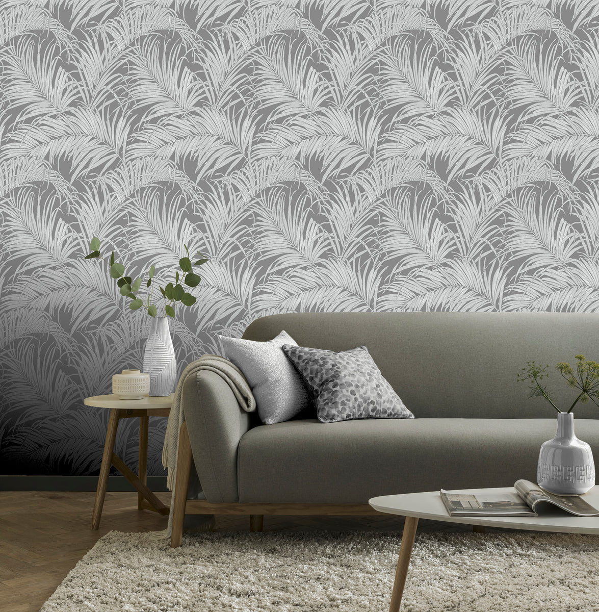 Arthouse Palm Gunmetal Grey Kiss Foil Gray Paste the Wall Wallpaper