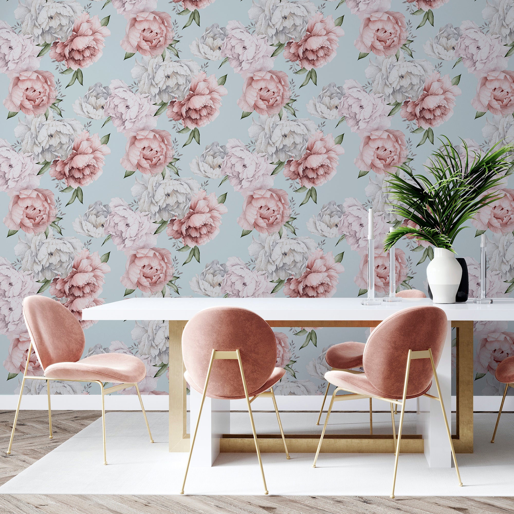 Mixed Peonies Mint Wallpaper