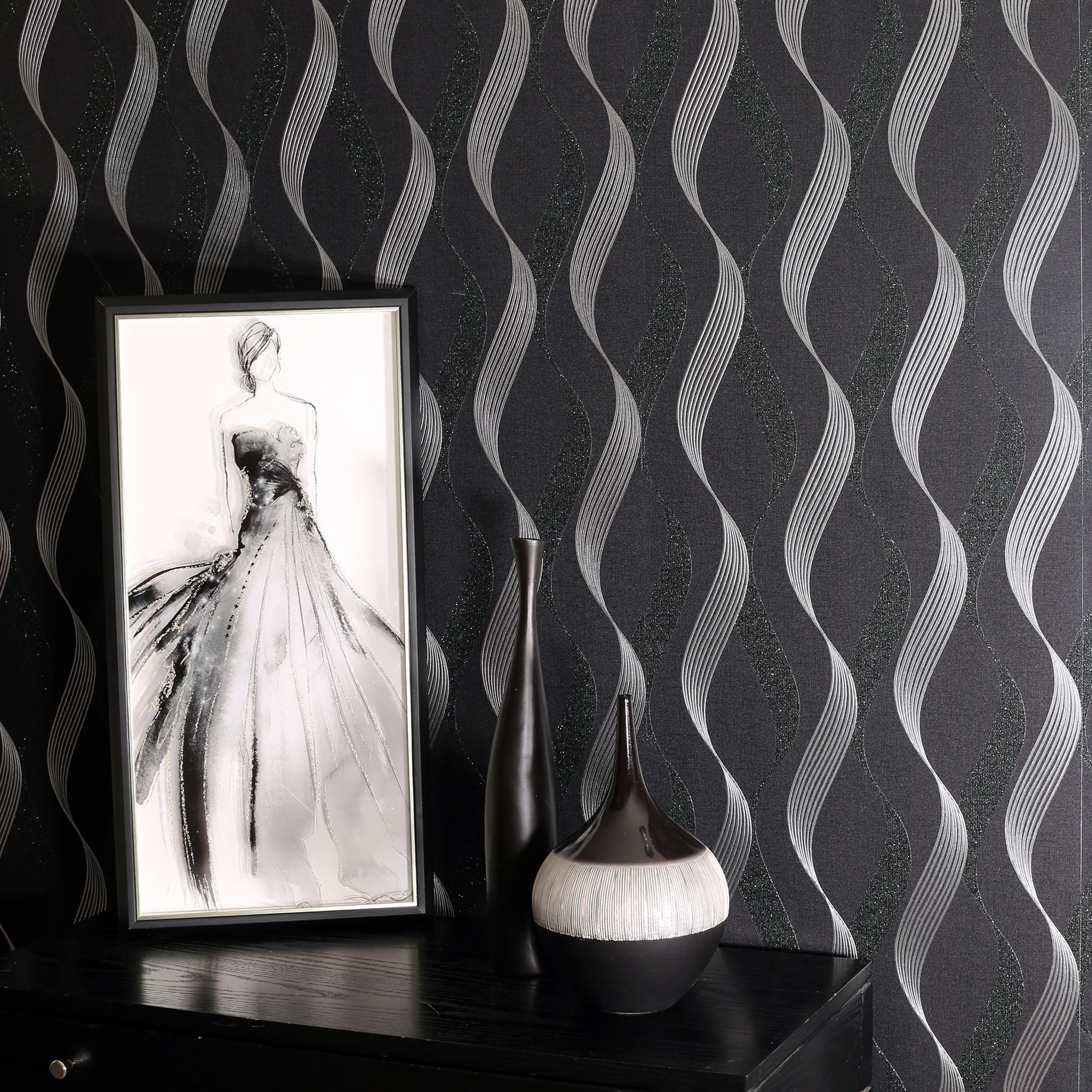 Luxe Ribbon Black/Silver Wallpaper