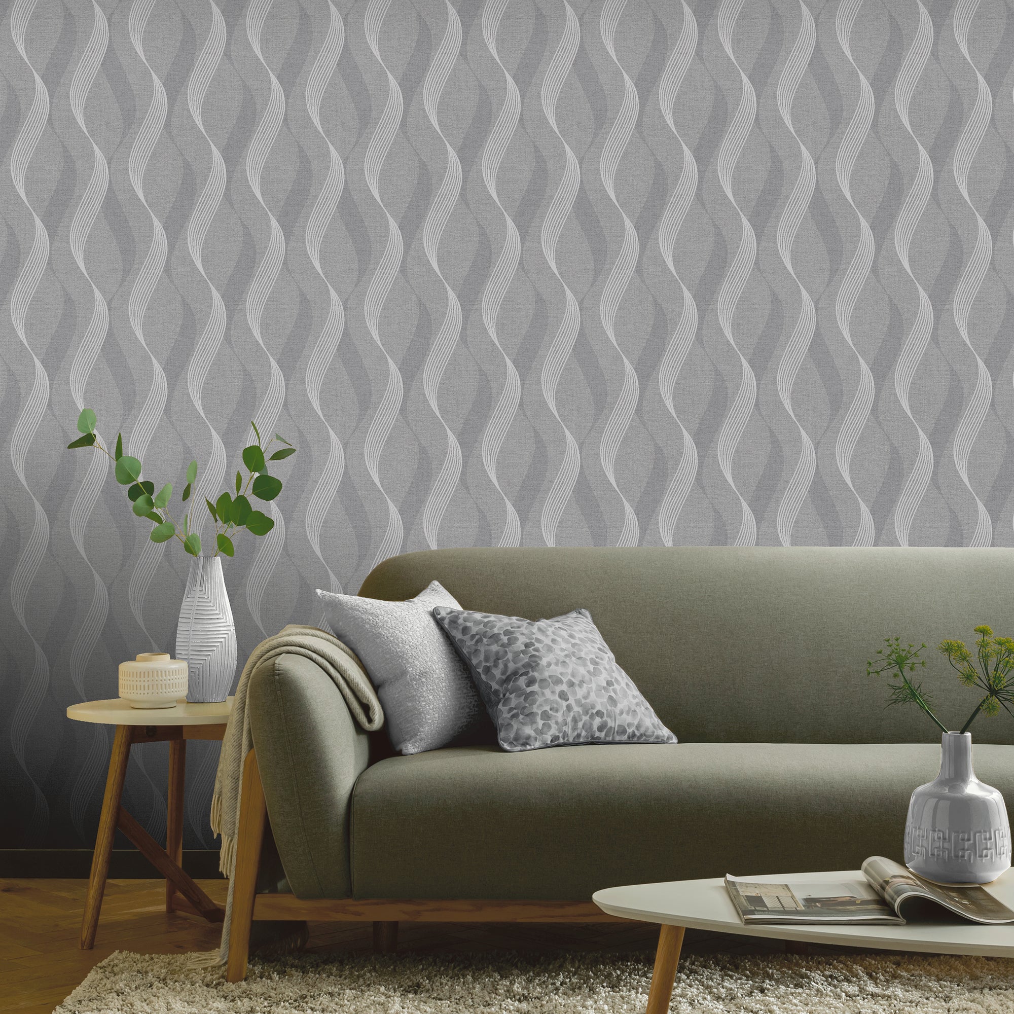 Luxe Ribbon Charcoal & Silver Wallpaper