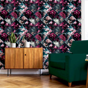 Floral Collage Plum & Teal Wallpaper