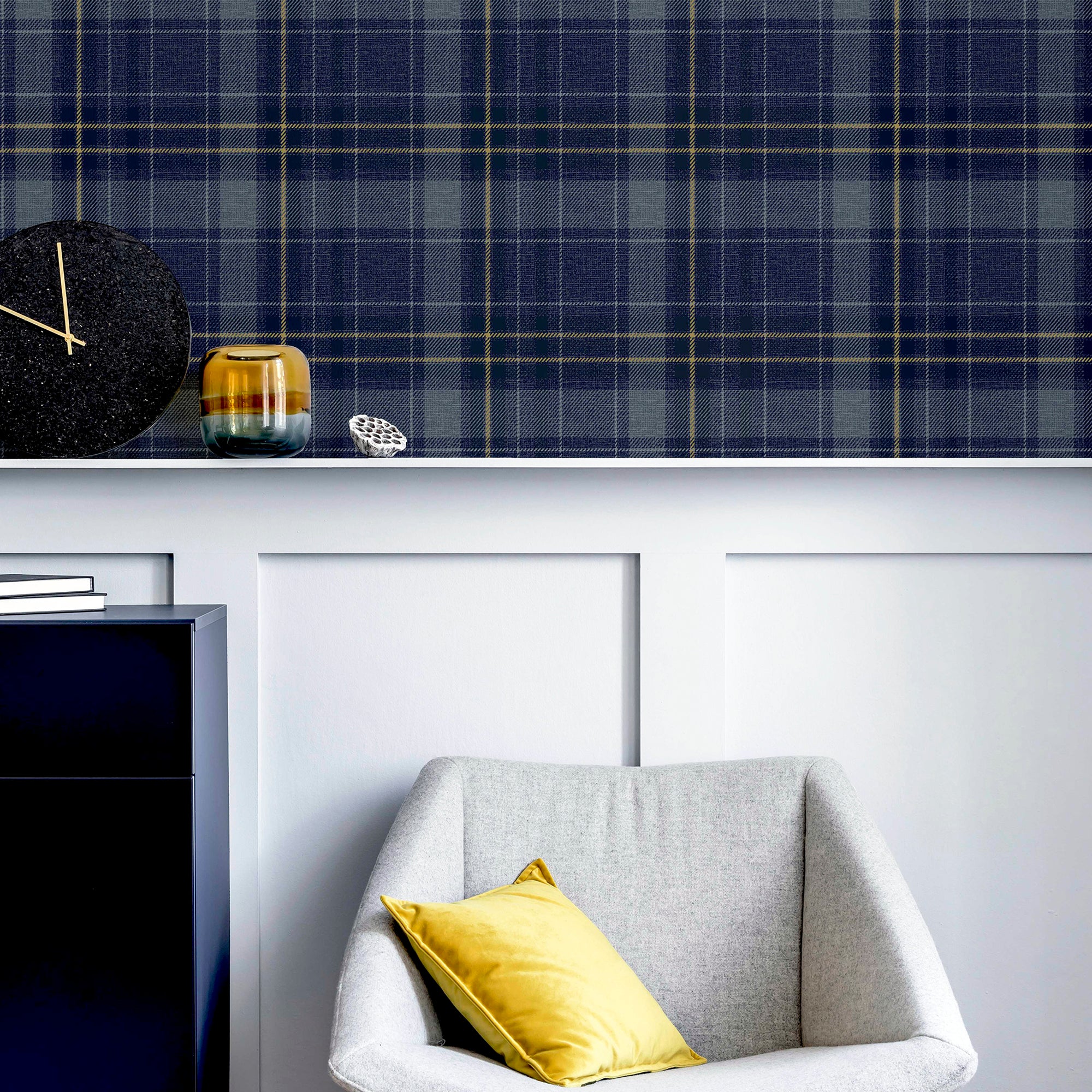 Twilled Plaid Navy & Gold Wallpaper