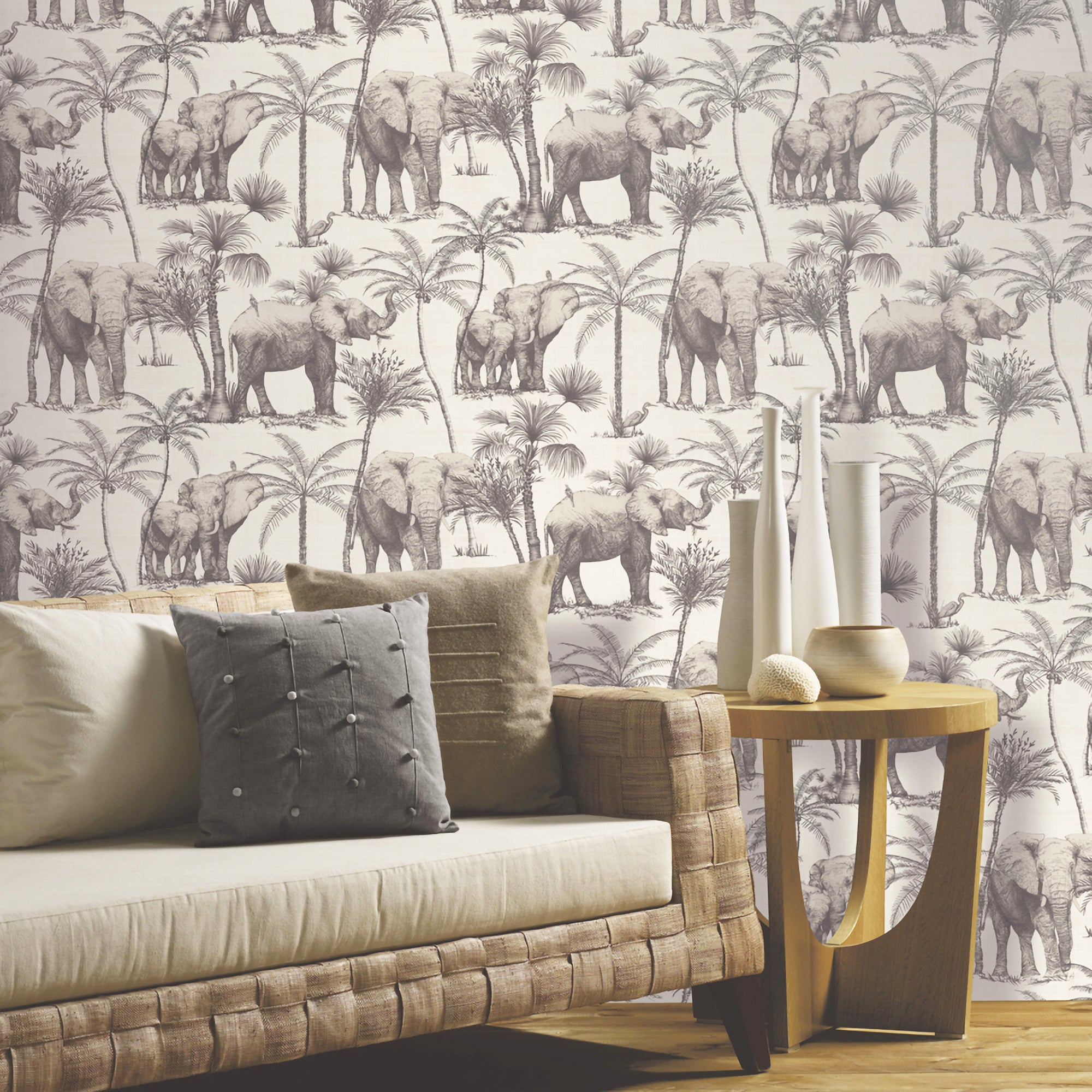 Elephant Grove Charcoal Wallpaper