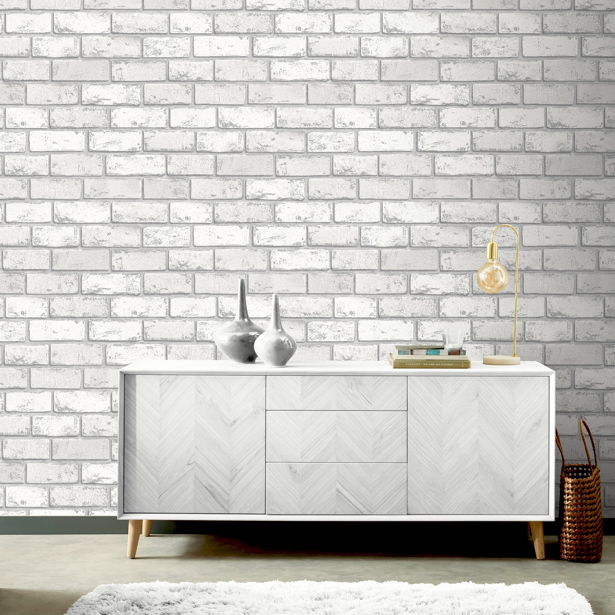 Metallic Brick White & Silver Wallpaper