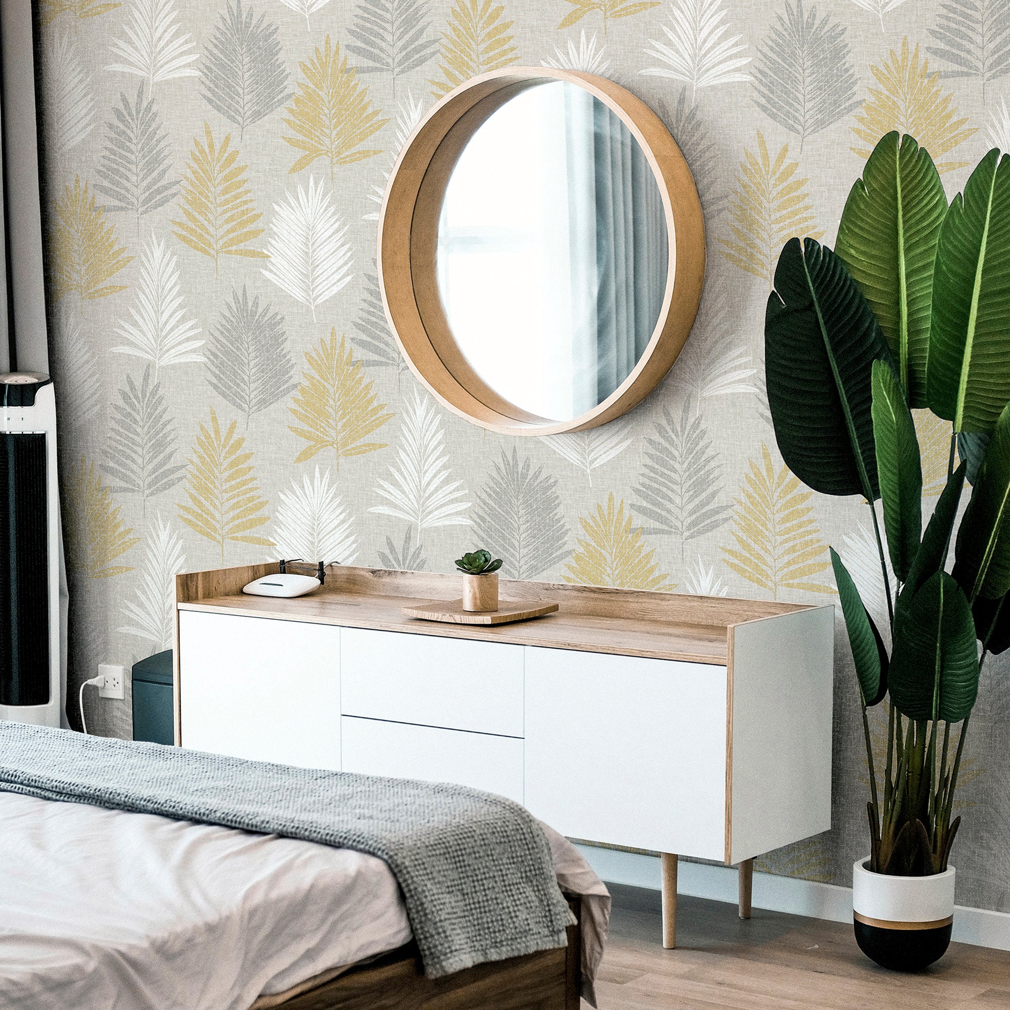 Linen Palm Ochre & Grey Wallpaper