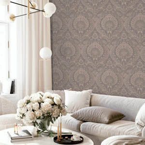 Luxe Damask Chocolate Rose Gold Wallpaper