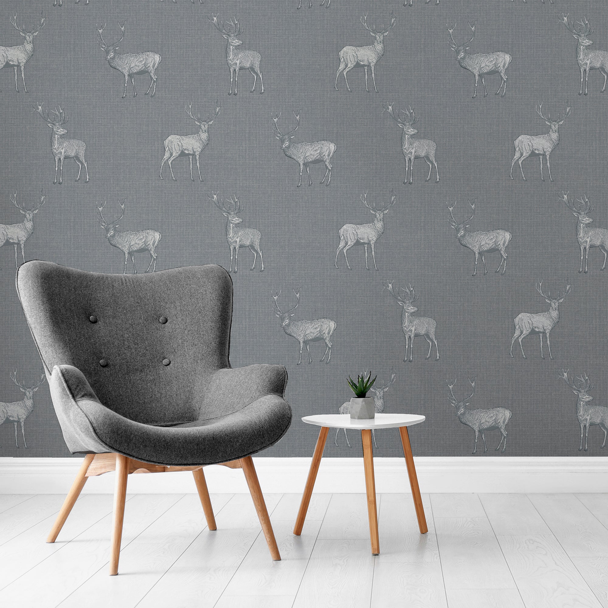 Heritage Stag Grey Silver Wallpaper