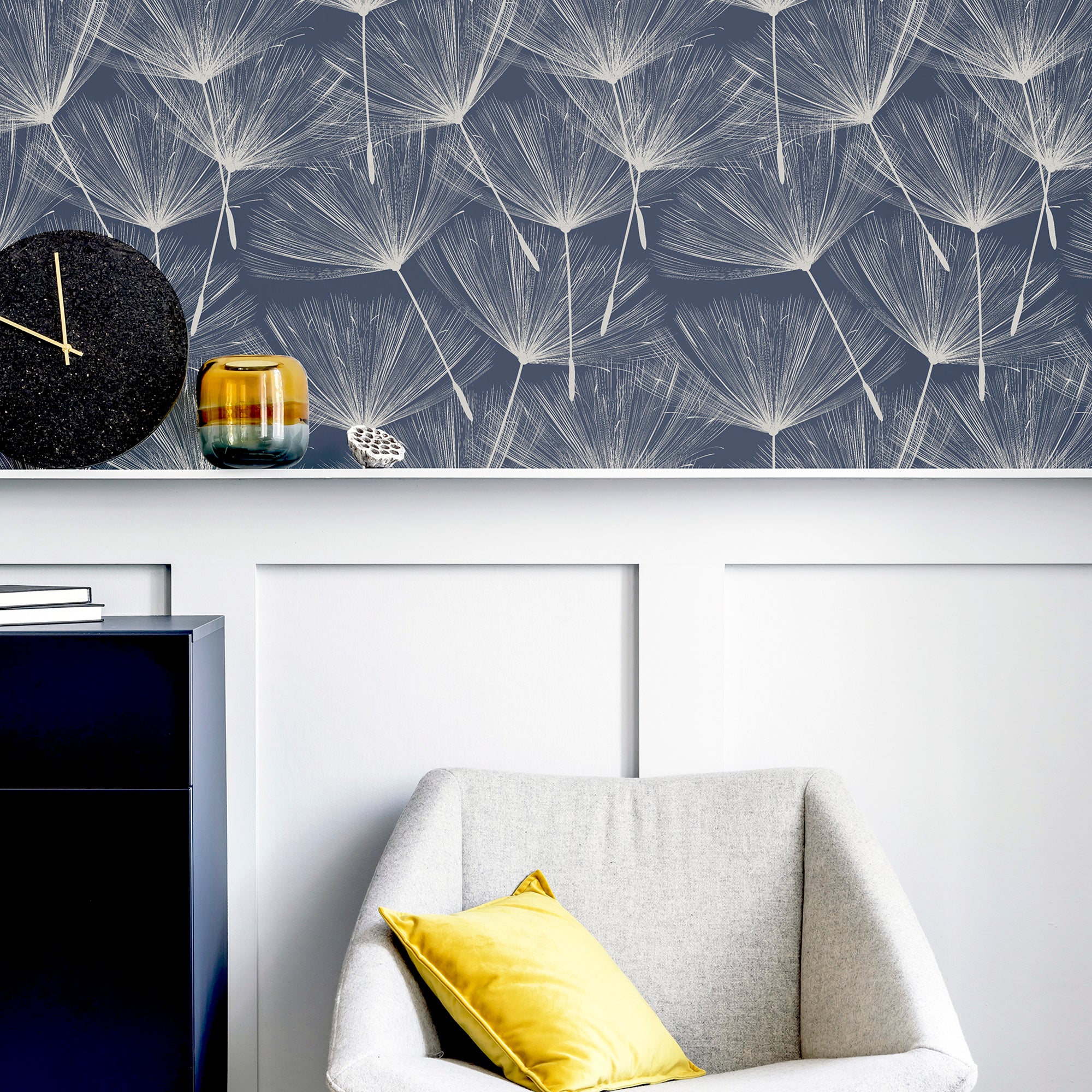 Harmony Dandelion Navy Silver Wallpaper