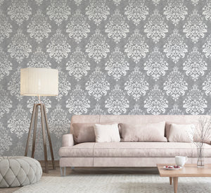 Baroque Damask Grey & White Wallpaper