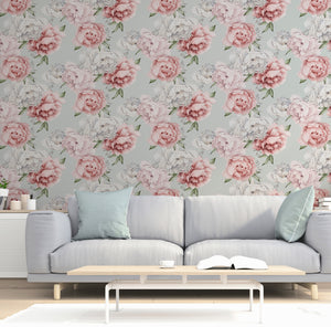 Mixed Peonies Mint Wallpaper