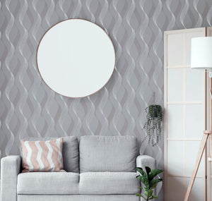 Luxe Ribbon Charcoal & Silver Wallpaper