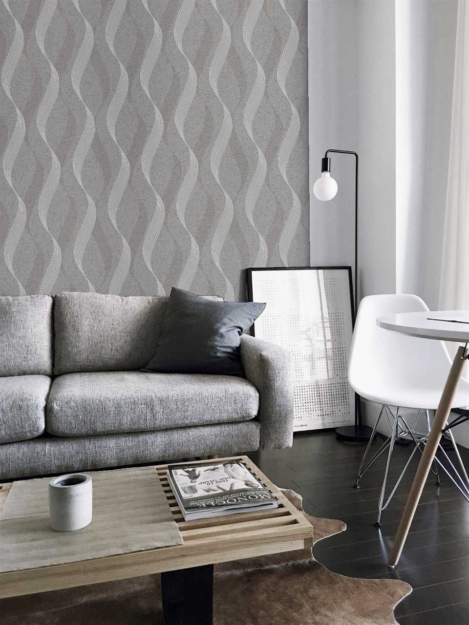 Luxe Ribbon Charcoal & Silver Wallpaper