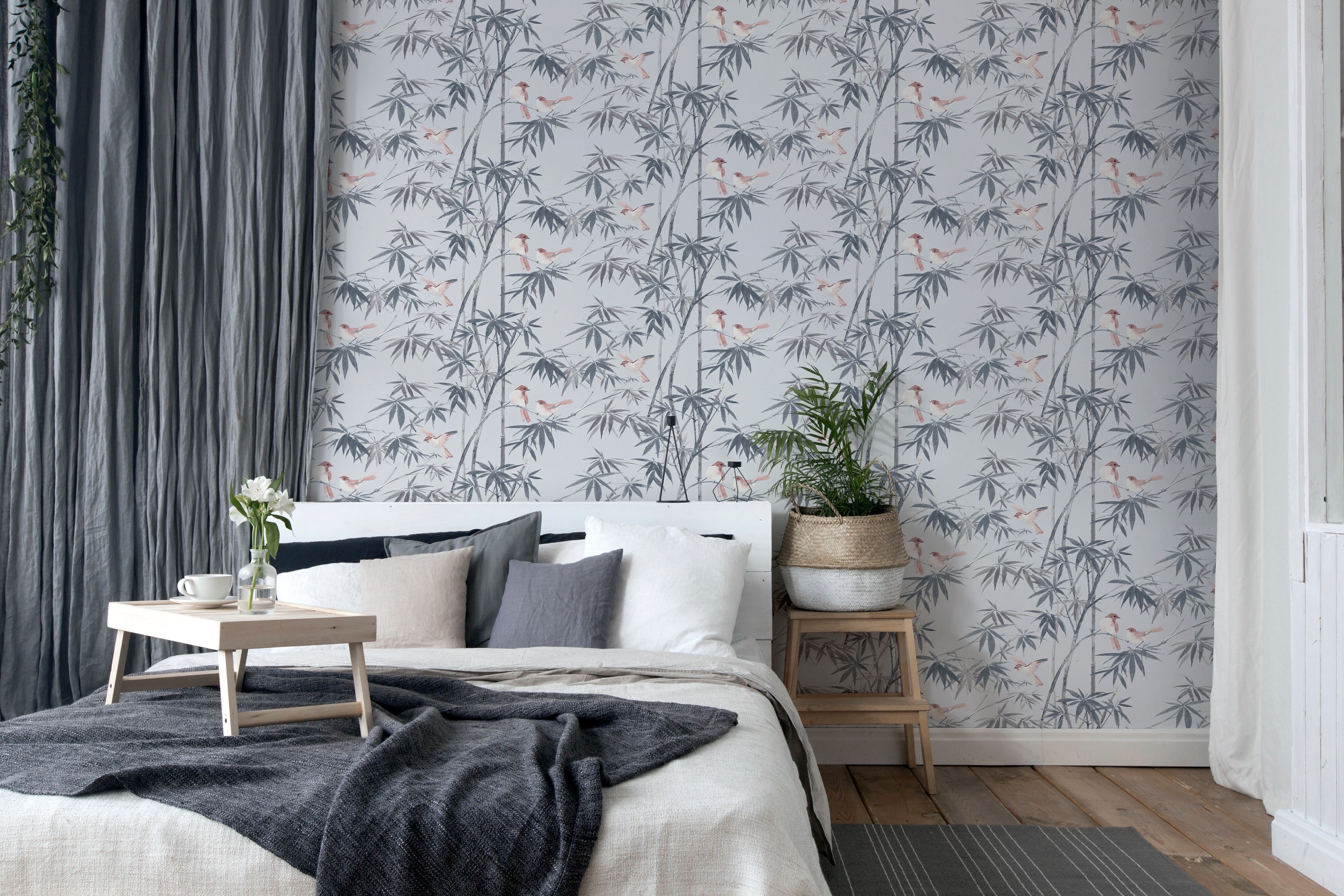 Birds & Bamboo Grey Wallpaper