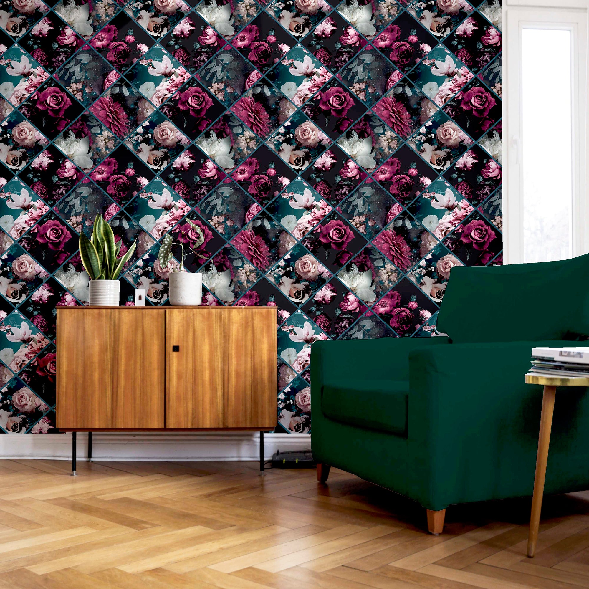 Floral Collage Plum & Teal Wallpaper