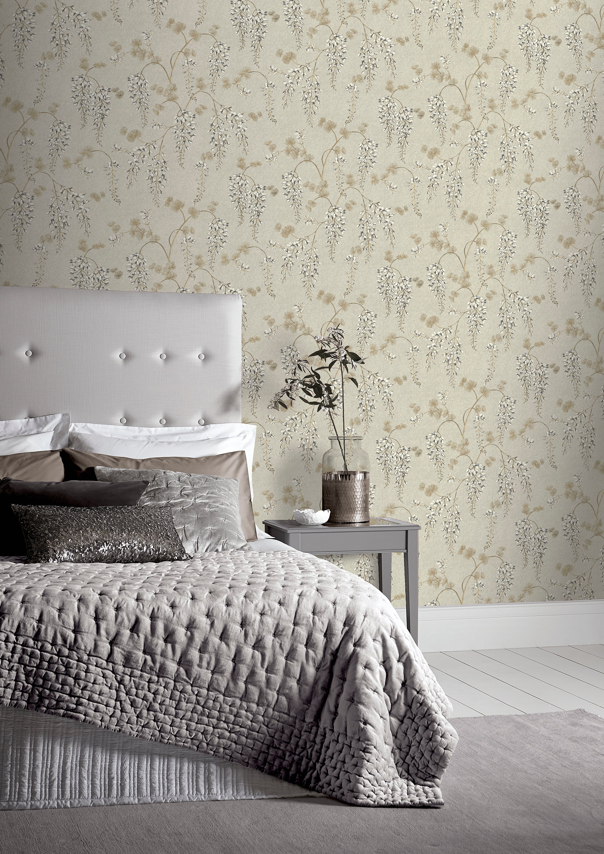 Wisteria Floral Neutral Gold Wallpaper
