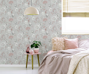 Japanese Crane Grey & Pink Wallpaper