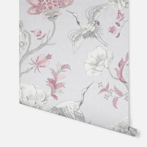Japanese Crane Grey & Pink Wallpaper
