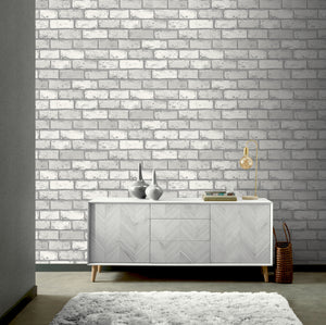 Metallic Brick White & Silver Wallpaper