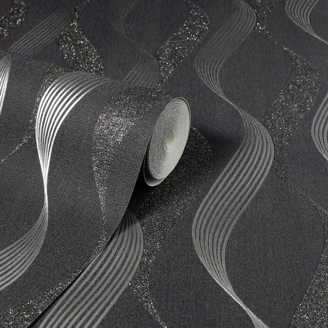 Luxe Ribbon Black/Silver Wallpaper