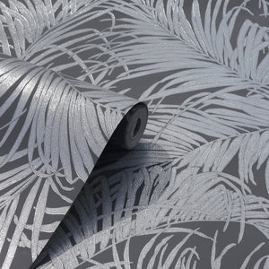 Palm Gunmetal Grey Kiss Foil Wallpaper