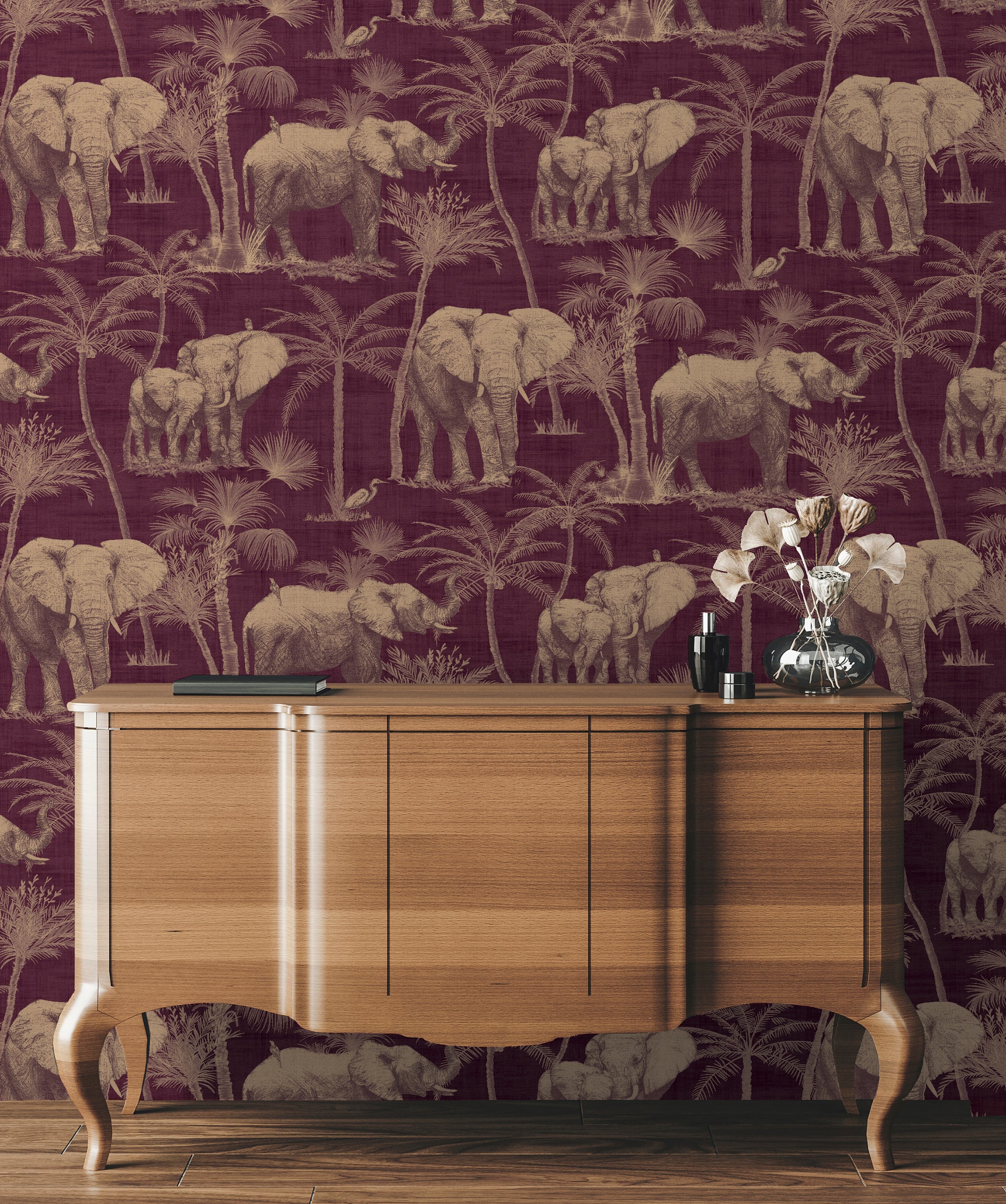 Elephant Grove Aubergine Wallpaper