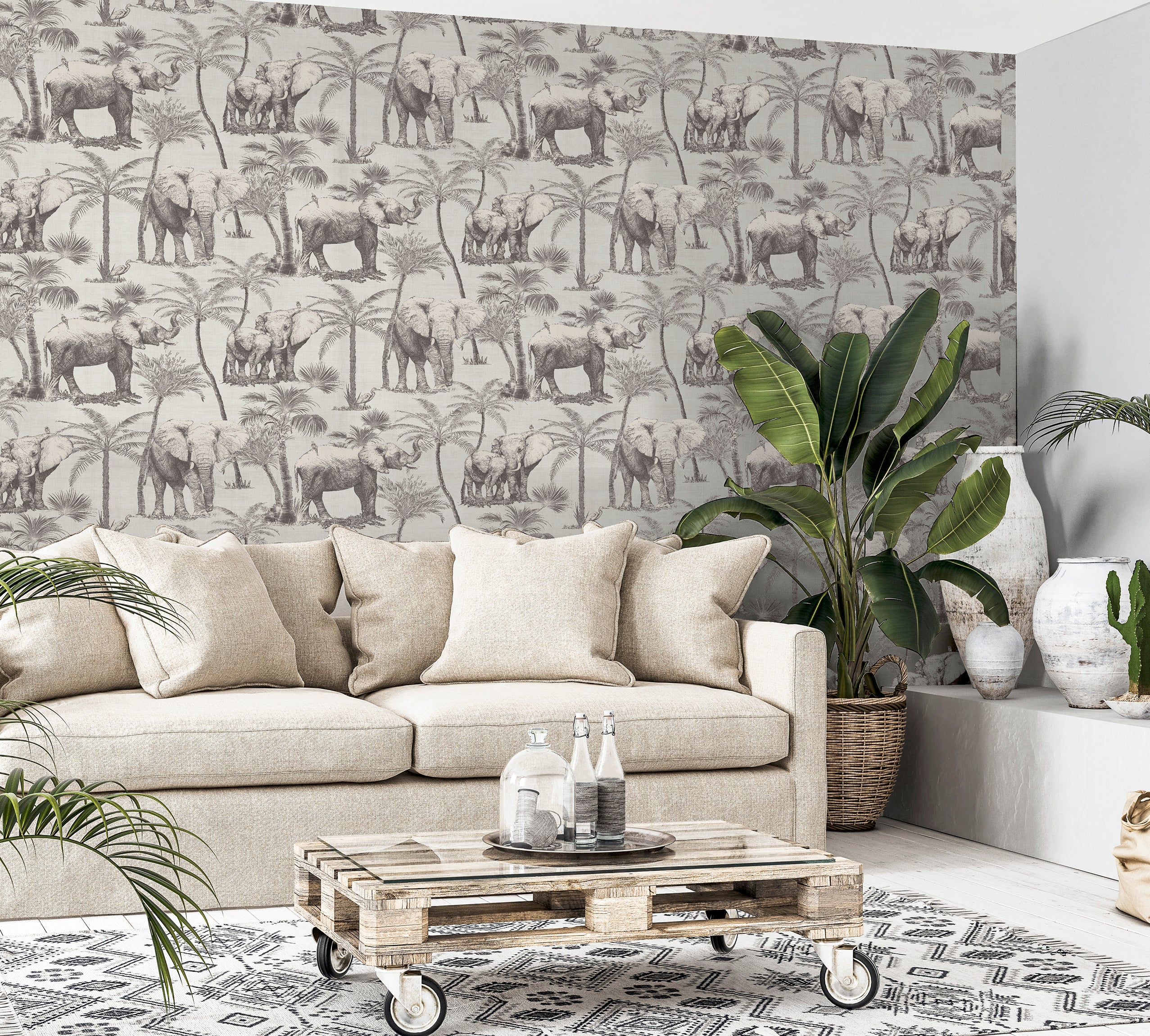 Elephant Grove Charcoal Wallpaper