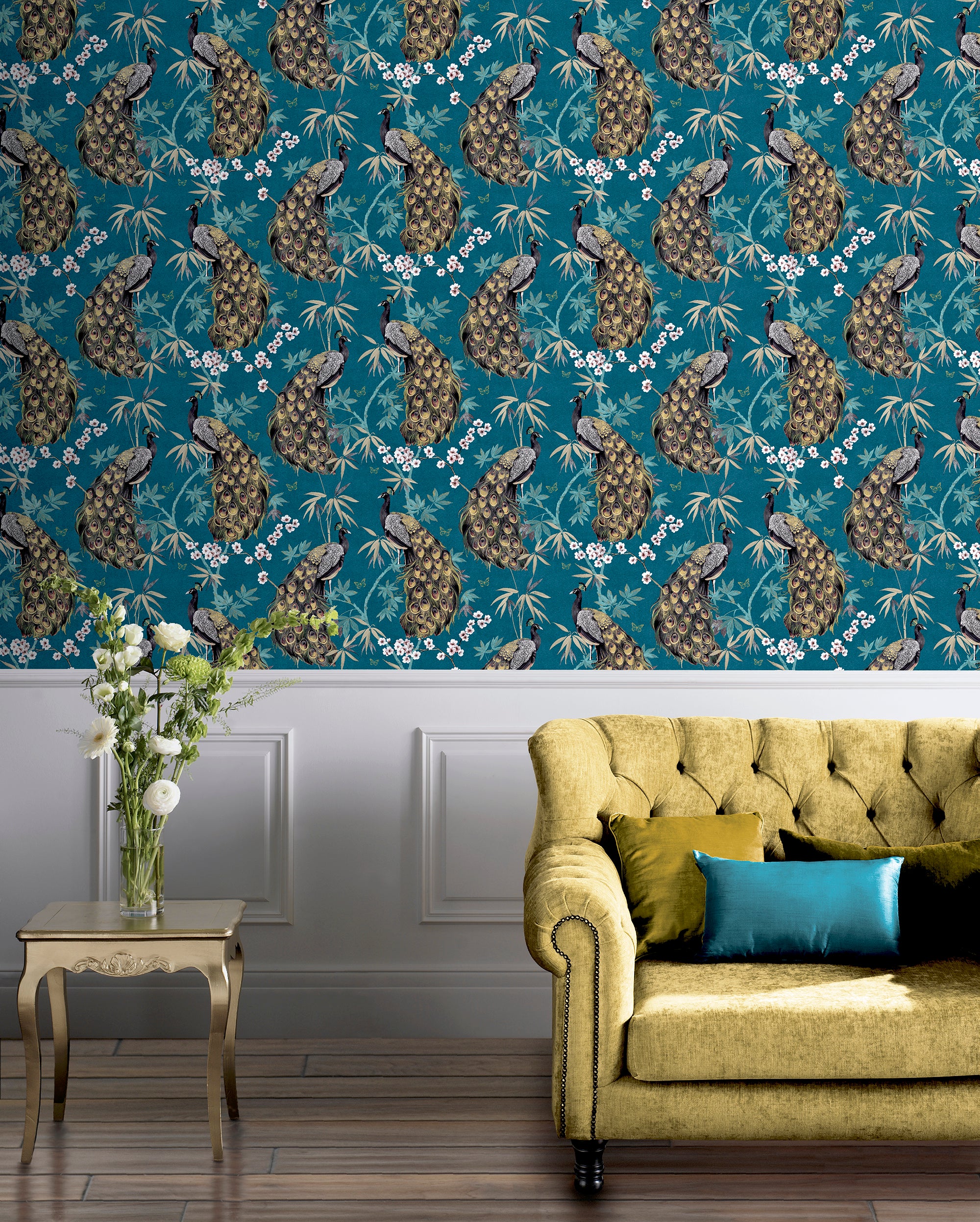 Opulent Peacock Teal & Gold Wallpaper