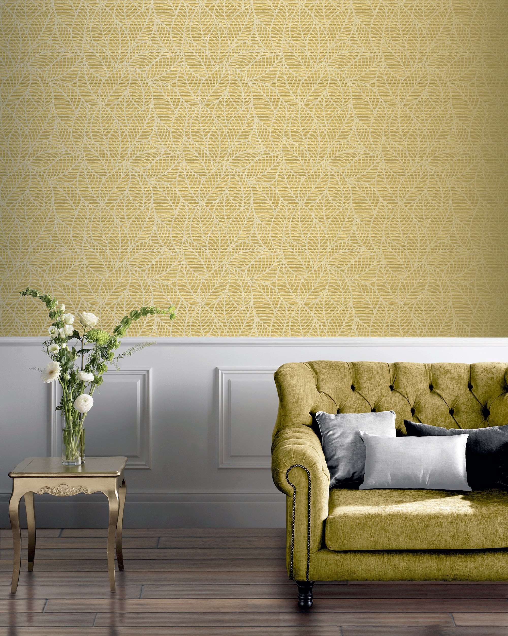 Leaf Lines Ochre Wallpaper