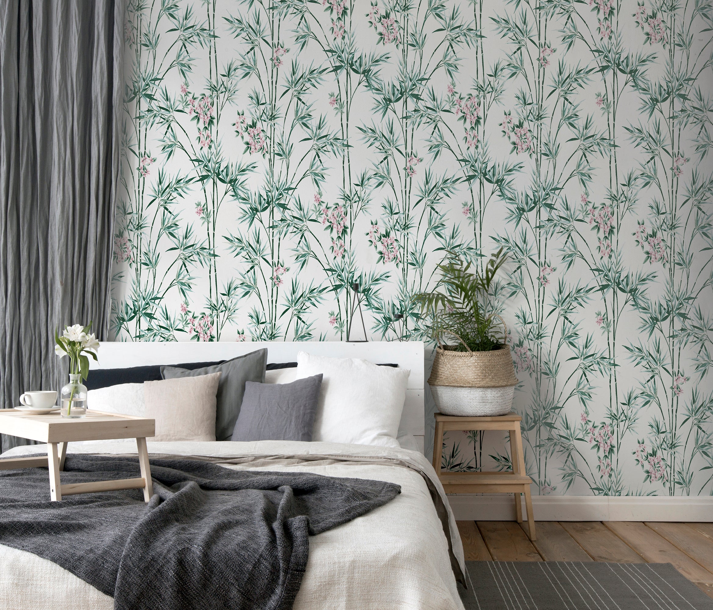 Bamboo & Blossom White Wallpaper