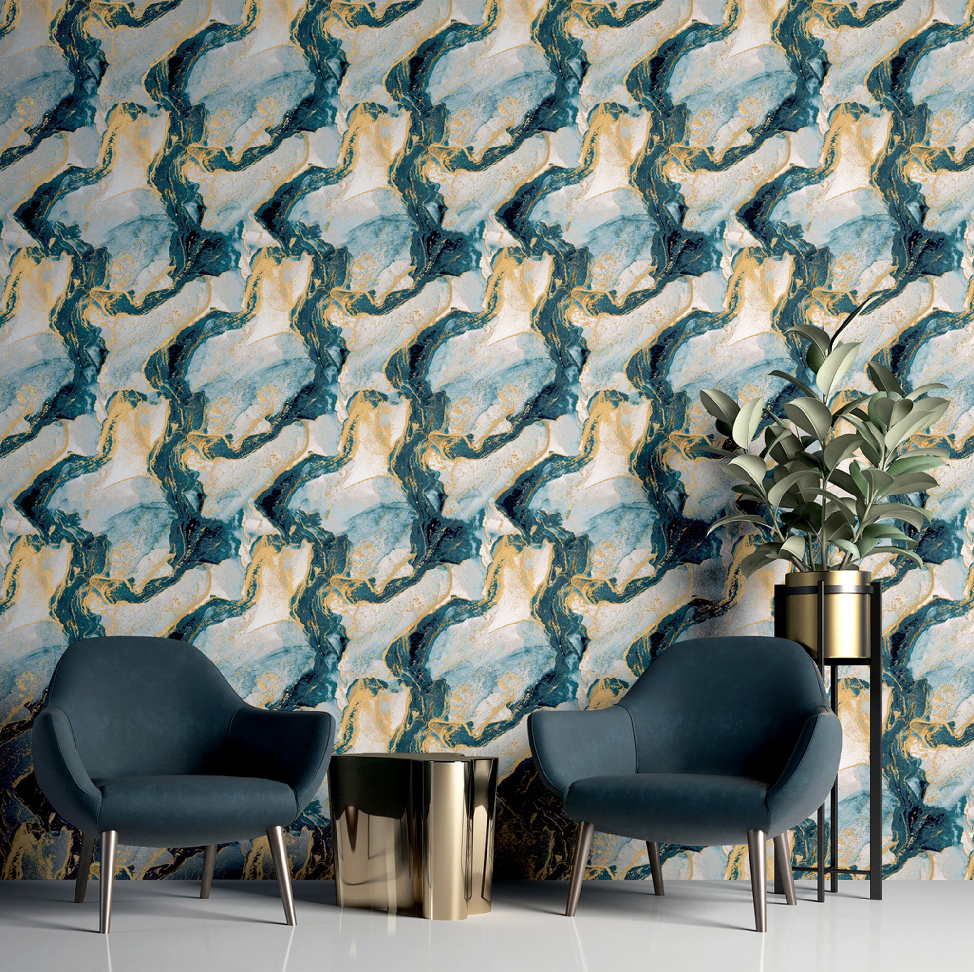 Abstract Marble Teal/Gold Wallpaper