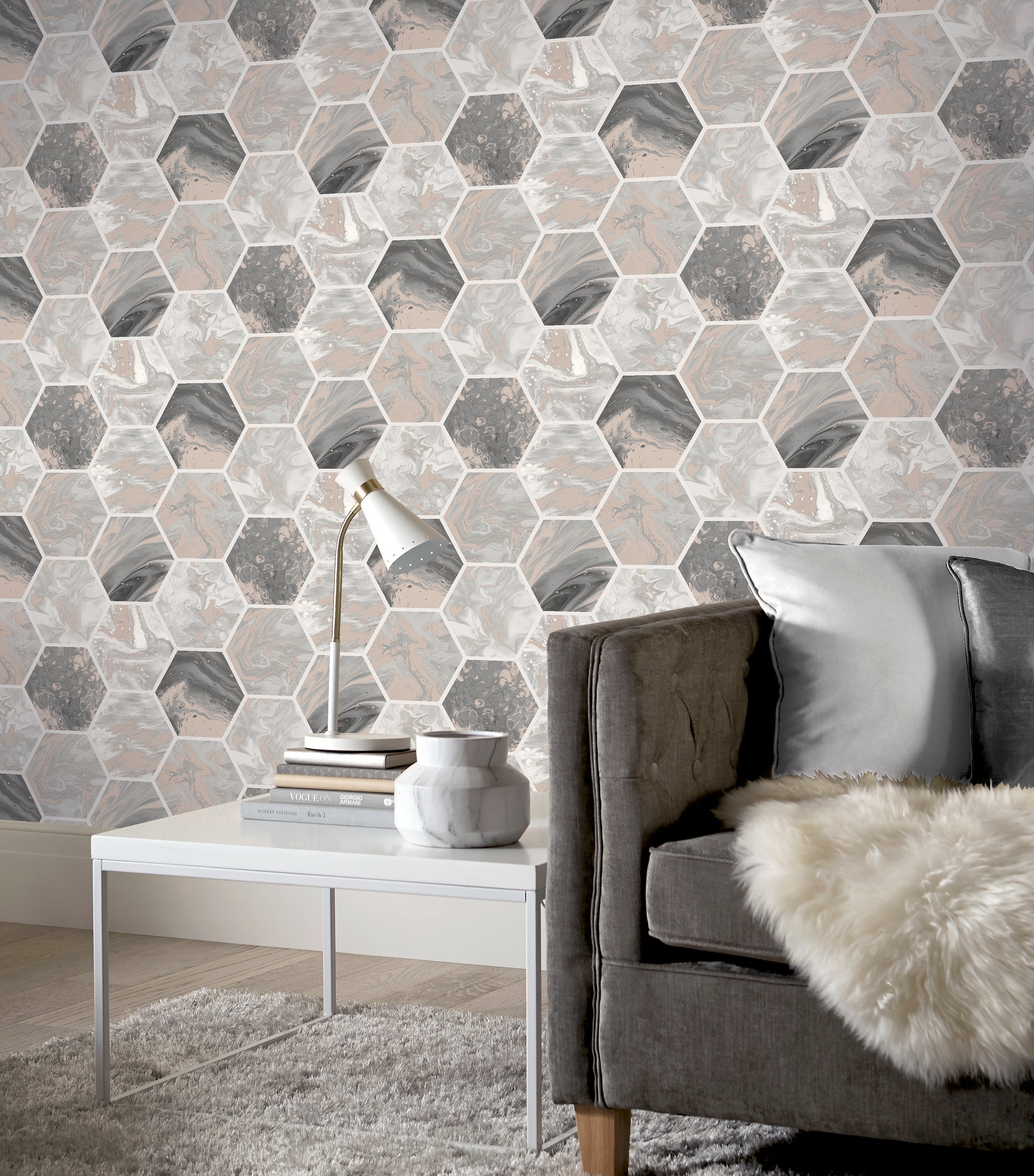 Marbled Hex Charcoal Rose Gold Wallpaper