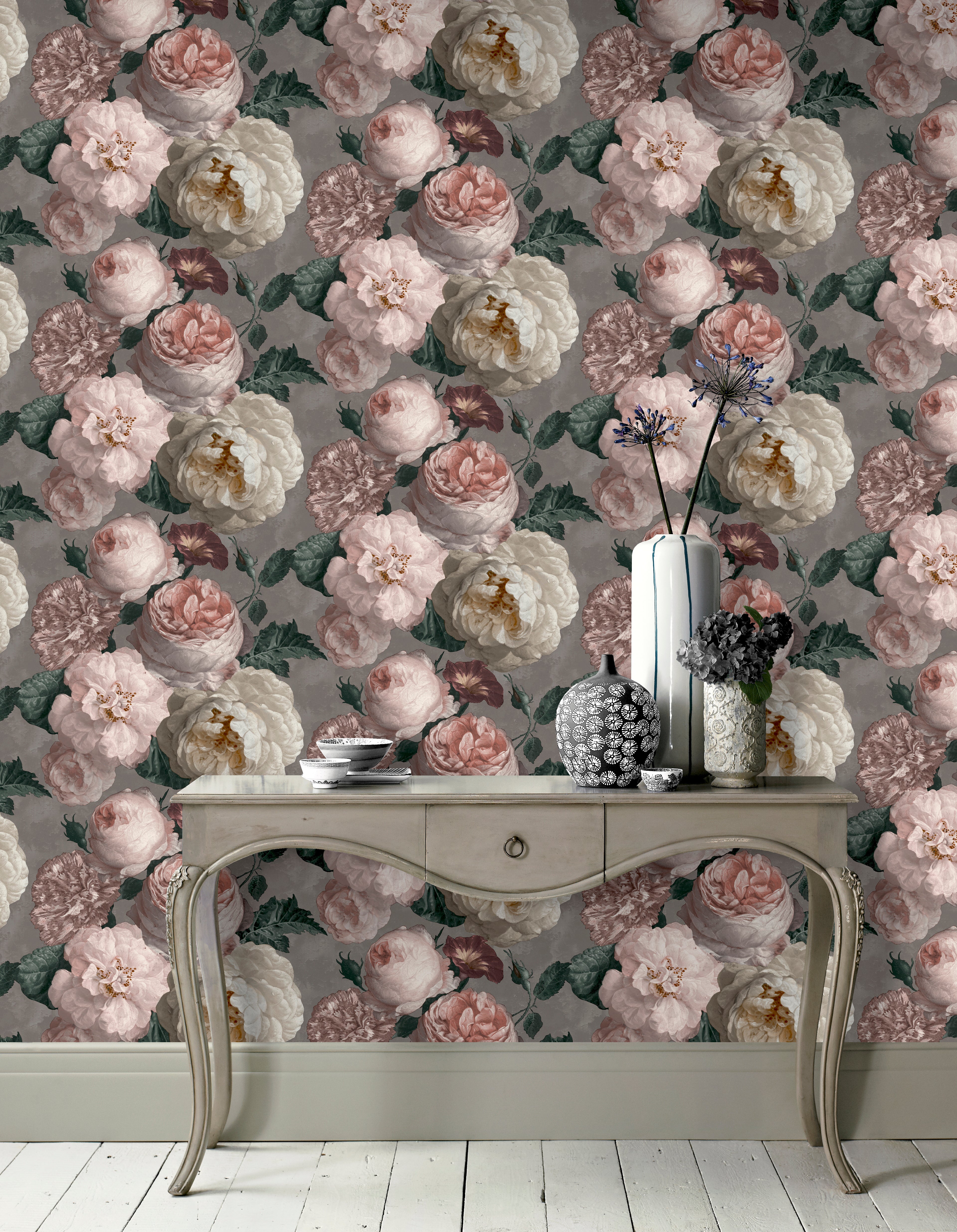 Highgrove Floral Warm Grey Wallpaper