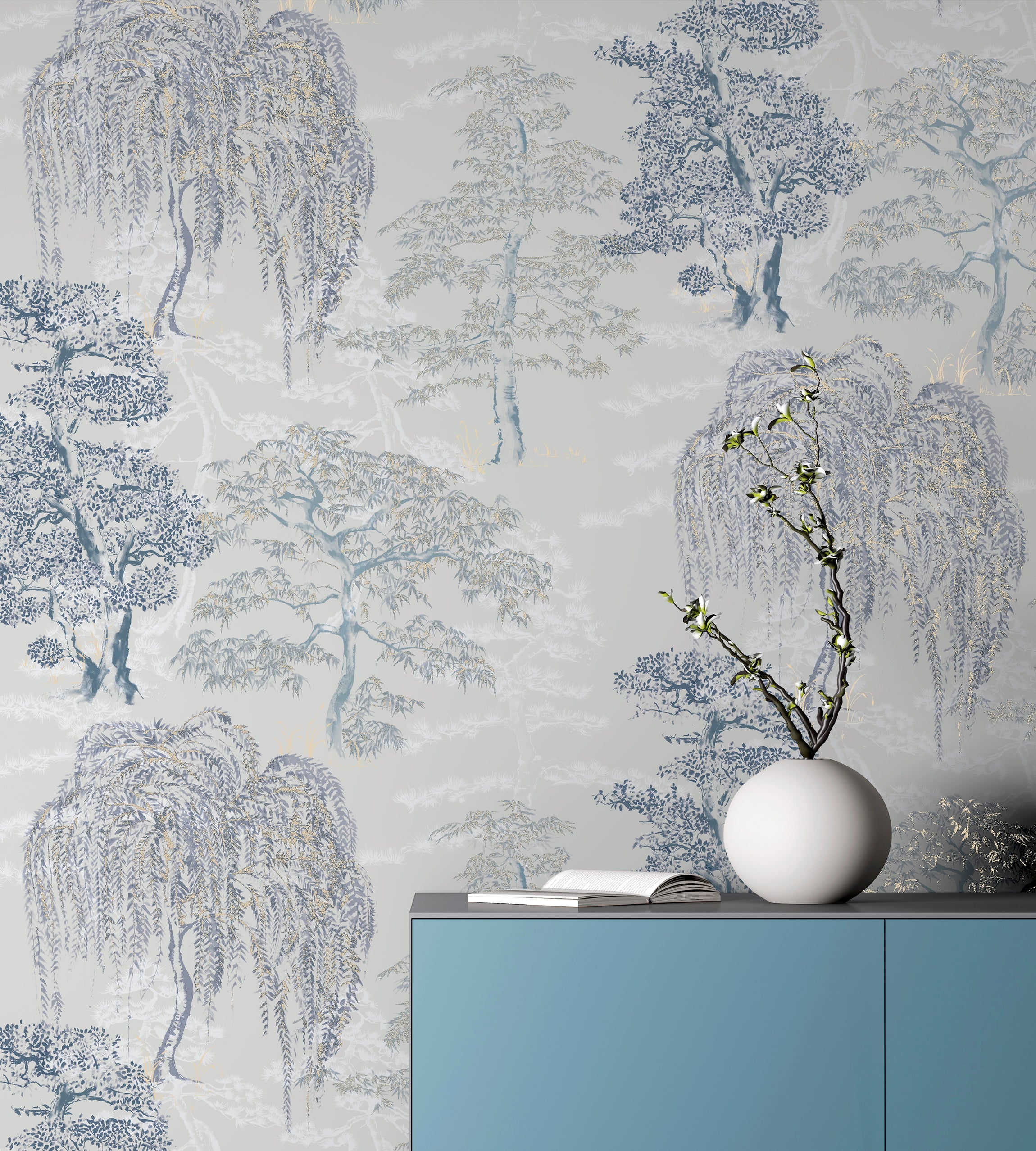 Oriental Garden Soft Blue Wallpaper