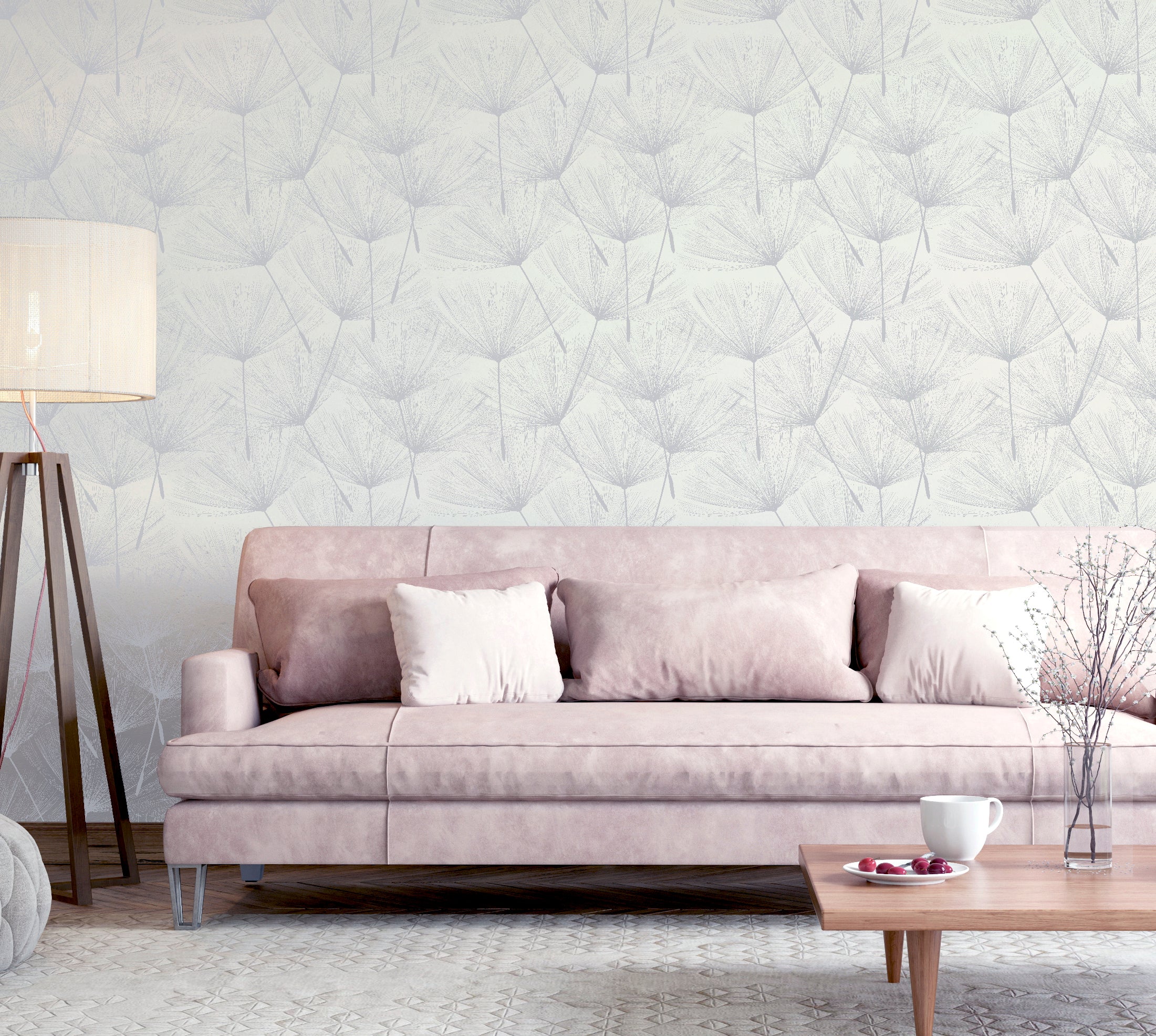 Harmony Dandelion White Silver Wallpaper