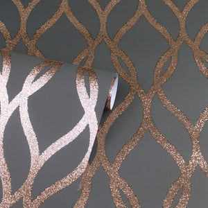 Sequin Trellis Charcoal/Rose Gold Wallpaper