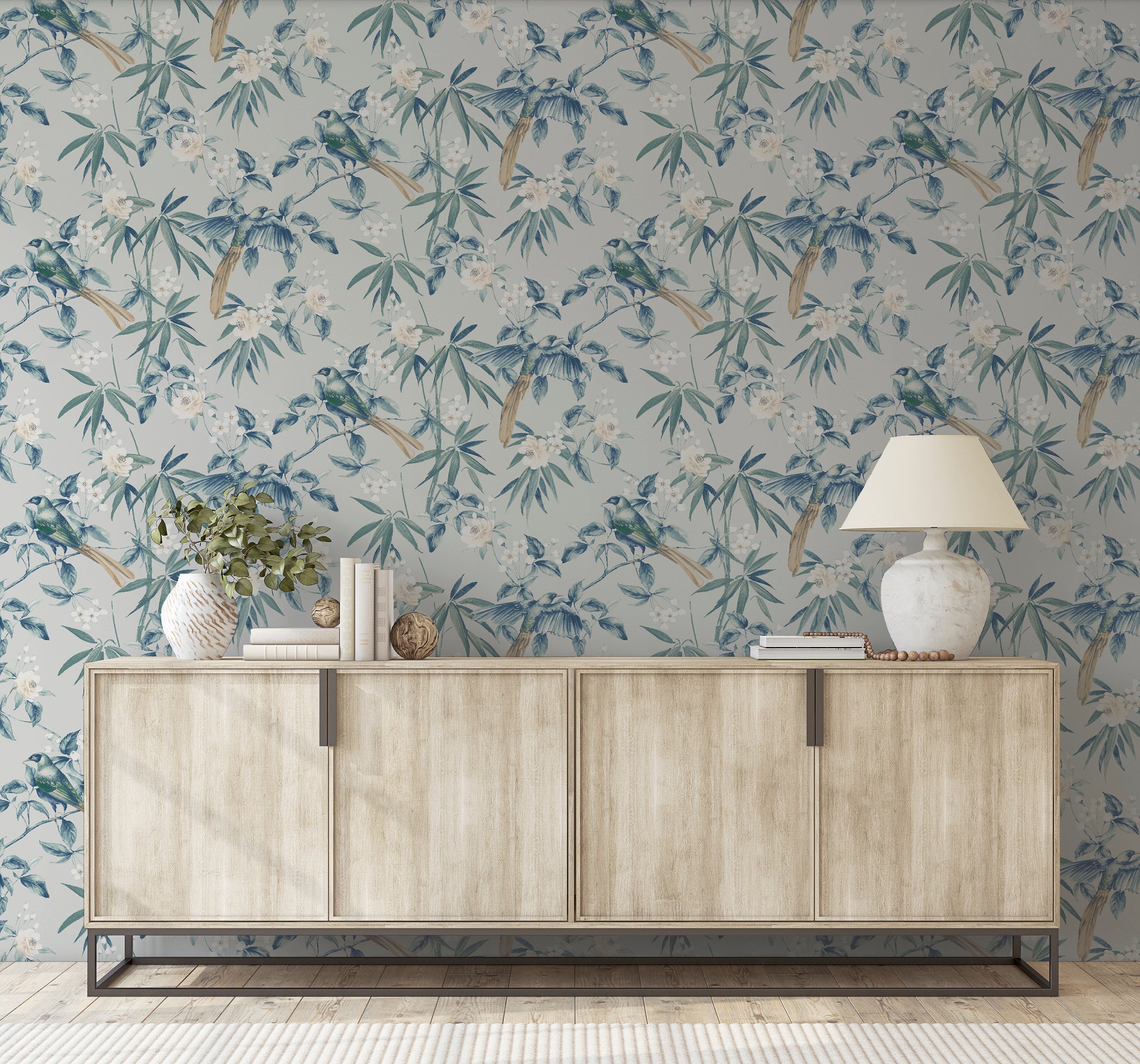 Oriental Floral Birds Grey/Blue Wallpaper
