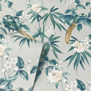 Oriental Floral Birds Grey/Blue Wallpaper